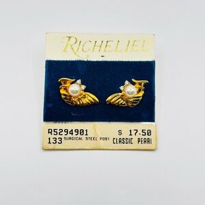 Vintage Richelieu Classic Pearl Gold Wing Stud Earrings